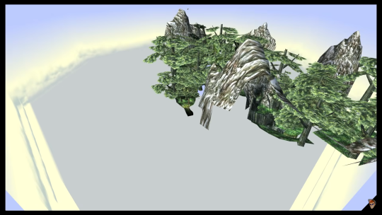 Image ID: The Sacred Grove level from Twilight Princess, a foresty area, zoomed out and taken out of bounds to see the skybox. It's a pale blue and yellow texture wrapped around the area. End ID