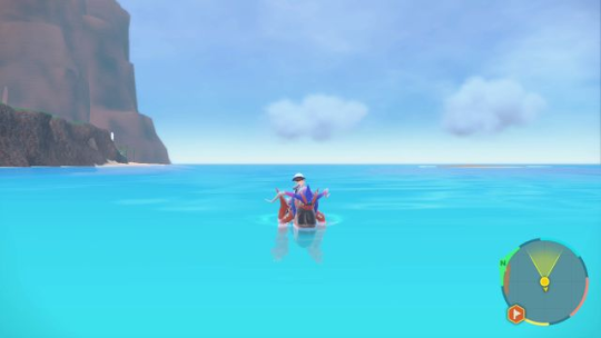 Image ID: The player riding Koraidon, swimming in the Paldean ocean. End ID