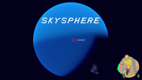 Image ID: A tiny blue dot in a huge sphere of darker blue. The tiny dot is labeled "OCEAN," and the huge sphere is labeled "SKYSPHERE." It all sits on a black baground. End ID