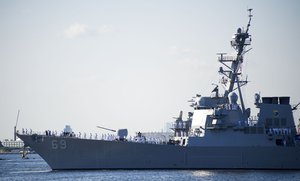 The Arleigh Burke-class guided-missile destroyer USS Milius (DDG 69) arrives in Yokosuka, Japan, to join the U.S. 7th Fleet as part of Destroyer Squadron (DESRON) 15,May 22, 2018