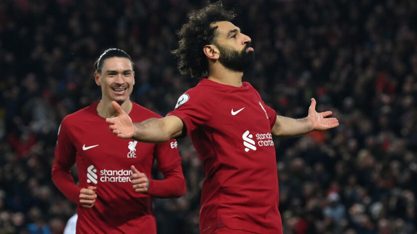 Mohamed Salah celebrates after scoring against Manchester United at Anfield