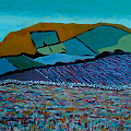 Painting of a hill, with fields, and a bog