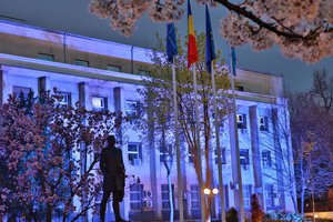 The Ministry of Foreign Affairs building in Bucharest illuminated in blue on April 2