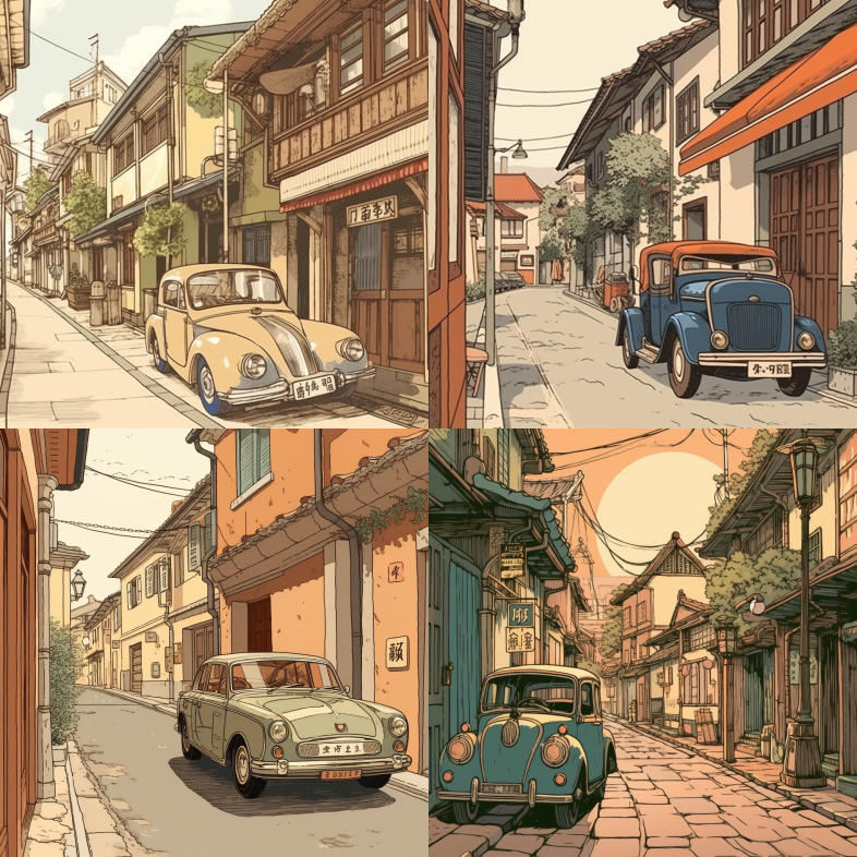 A charming old street in Europe with a vintage car parked nearby, ukiyo-e art --q 2 --v 5