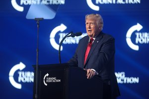 Donald Trump speaking with attendees at the 2022 Student Action Summit at the Tampa Convention Center in Tampa, Florida