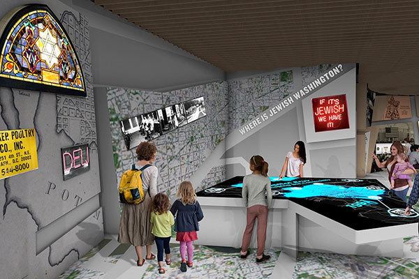 Computer model  image of visitors in a museum gallery, examining a digital tabletop display.