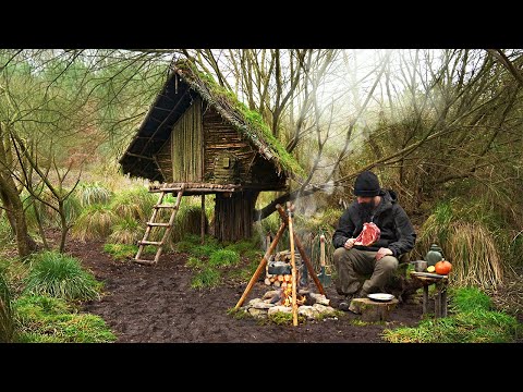 Building wood survival shelter in wildlands | Bushcraft & Campfire grilled meat