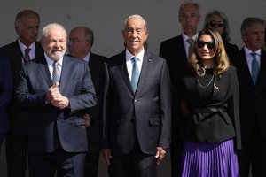 Brazilian President Luis Inacio Lula da Silva, Portuguese President Marcelo Rebelo de Sousa and Brazilian first lady Rosangela da Silva, from left, during a welcome ceremony outside the 16th century Jeronimos monastery in Lisbon, Saturday, April 22, 2023.