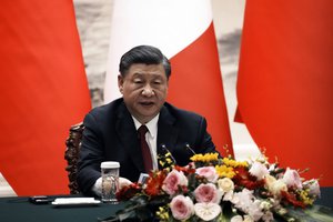 Chinese President Xi Jinping gives a joint press conference with France's President Emmanuel Macron at the Great Hall of the People in Beijing, China, Thursday, April 6, 2023