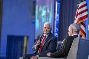 Former Vice President Mike Pence pauses while speaking at the Federalist Society Executive Branch Review conference, Tuesday, April 25, 2023, in Washington.