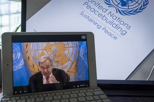 Secretary-General Antonio Guterres addresses the virtual informal meeting of the General Assembly on the Report of the Secretary-General on the Review of the Peacebuilding Architecture, 11 September 2020.