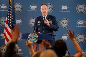 Pentagon Press Secretary U.S. Air Force Brig. Gen. Pat Ryder conducts a press briefing at the Pentagon in Washington, D.C., Feb. 10, 2022