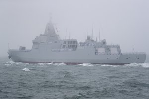 The new type 055 guided-missile destroyer Nanchang of the Chinese People's Liberation Army (PLA) Navy participates in a naval parade to commemorate the 70th anniversary of the founding of China's PLA Navy in the sea near Qingdao in eastern China's Shandong province, Tuesday, April 23, 2019.