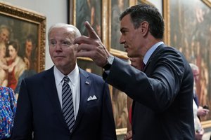 Spanish Prime Minister Pedro Sanchez, right speaks with U.S. President Joe Biden during a visit to the Prado museum with heads of state and dignitaries in Madrid, Spain, Wednesday, June 29, 2022.