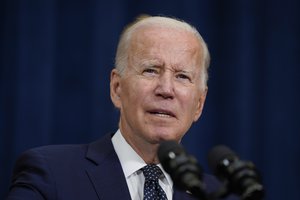 Joe Biden speaks to reporters after meetings with Saudi Crown Prince Mohammed bin Salman at the Waldorf Astoria Jeddah Qasr Al Sharq hotel, Friday, July 15, 2022, in Jeddah, Saudi Arabia