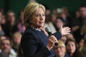 Hillary Clinton speaking with supporters at a town hall meeting in Manchester, New Hampshire