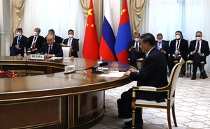 Vladimir Putin meeting with PRC President Xi Jinping and President of Mongolia Ukhnaagiin Khurelsukh