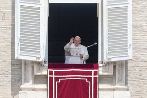 Pope Francis delivers the Regina Coeli noon prayer in St. Peter's Square at the Vatican, Sunday, May 21, 2023.