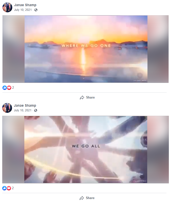 Janae Shamp shared a QAnon video with the phrase, "Where we go one, we go all." 