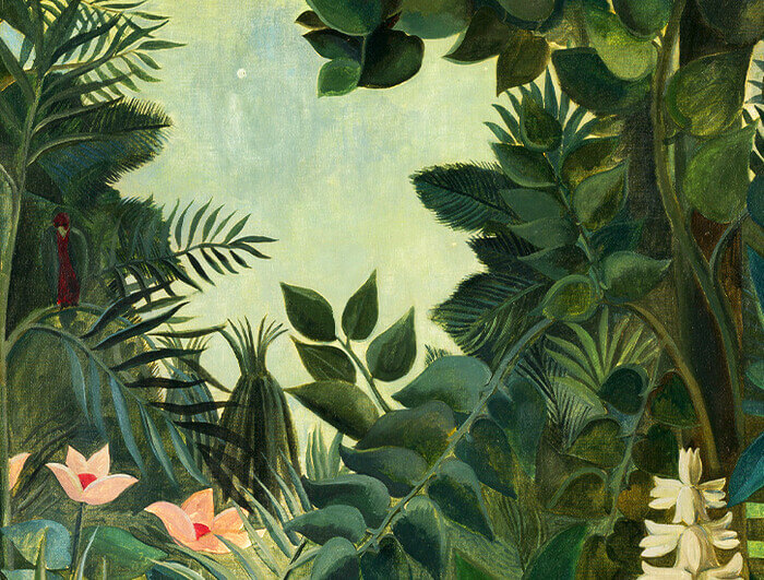 Painting of a tropical jungle scene with ample flora and fauna.