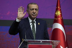 Turkey President Recep Tayyip Erdogan gestures as he speaks during a press conference on the sidelines of the G20 Leaders' Summit at Nusa Dua in Bali, Indonesia on Wednesday, Nov. 16, 2022