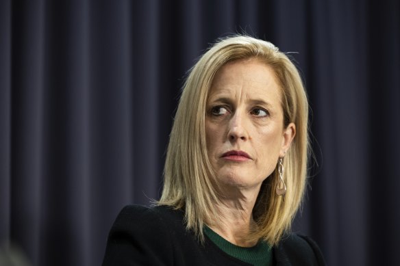 Finance Minister Katy Gallagher during a press conference at Parliament House in Canberra
