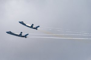 Two fighter jets Chengdu J-20 during 2022 Changchun Air Show, Jilin Province, China