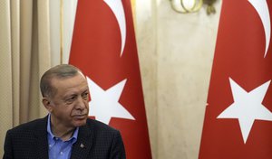 Turkish President Recep Tayyip Erdogan attends a press conference with Ukrainian President Volodymyr Zelenskyy and United Nations Secretary General Antonio Guterres in Lviv, Ukraine, on Thursday, Aug, 18, 2022.