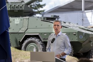 NATO Secretary General Jens Stoltenberg speaks during a press conference at Exercise Griffin Storm 2023 during the visit to the Training Range in Pabrade, some 60km, (38 miles) north of the capital Vilnius, Lithuania, Monday, June 26, 2023