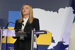 Italian Premier Giorgia Meloni speaks during a bilateral meeting between Italy and Ukraine on the reconstruction of Ukraine in Rome Wednesday, April 26, 2023