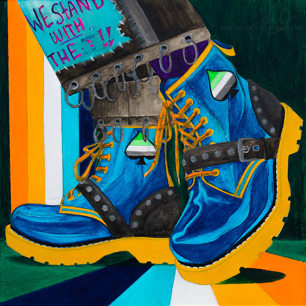 aroace flag [Start ID: A painting of someone's boots. They are blue with golden soles, and have a black studded strap over the tops and a black studded piece on the heels. The laces are golden orange and the sides of the boots each have a spade with the aromantic flag colors within. The person's pants have round metallic rings around the edges and one leg has a patch on it that reads "We Stand With The T!!". The background is green and has the aroace flag cascade down from the top to the floor, and then out towards the viewer on the ground. /End ID]