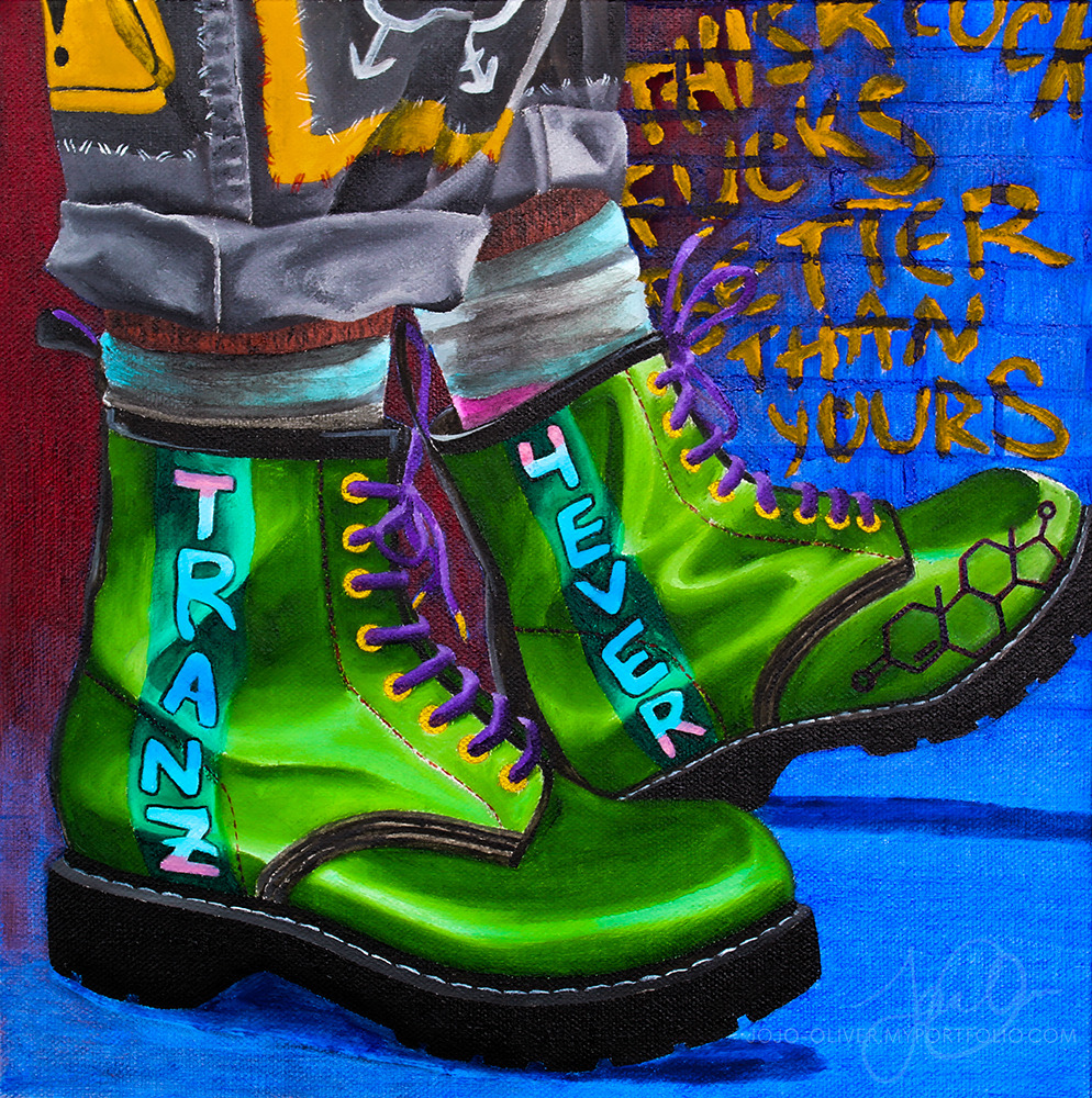 transmasc flag [Start ID: A painting of someone's boots. The boots are green with vertical teal stripes on each. Within the stripes are the words "Tranz" and "4 Ever" in the transmasc flag's colors, blue with pink at the edges. The laces of the boots are purple and the eyelets are golden. On the boot at the back is a design of the chemical structure of testosterone. The person is wearing socks in the transmasc flag's colors as well, and a little of their dark brown skin is revealed. Their pants are large, dark gray, and cuffed, and have multiple patches on them. One of the patches is a bright yellow triangular caution symbol, and the other appears to be an upside down transgender symbol. The background is red and blue with a brick pattern. On the bricks, a bit of graffiti reads "This Cock Fucks Better Than Yours" with an arrow pointing up. /End ID]