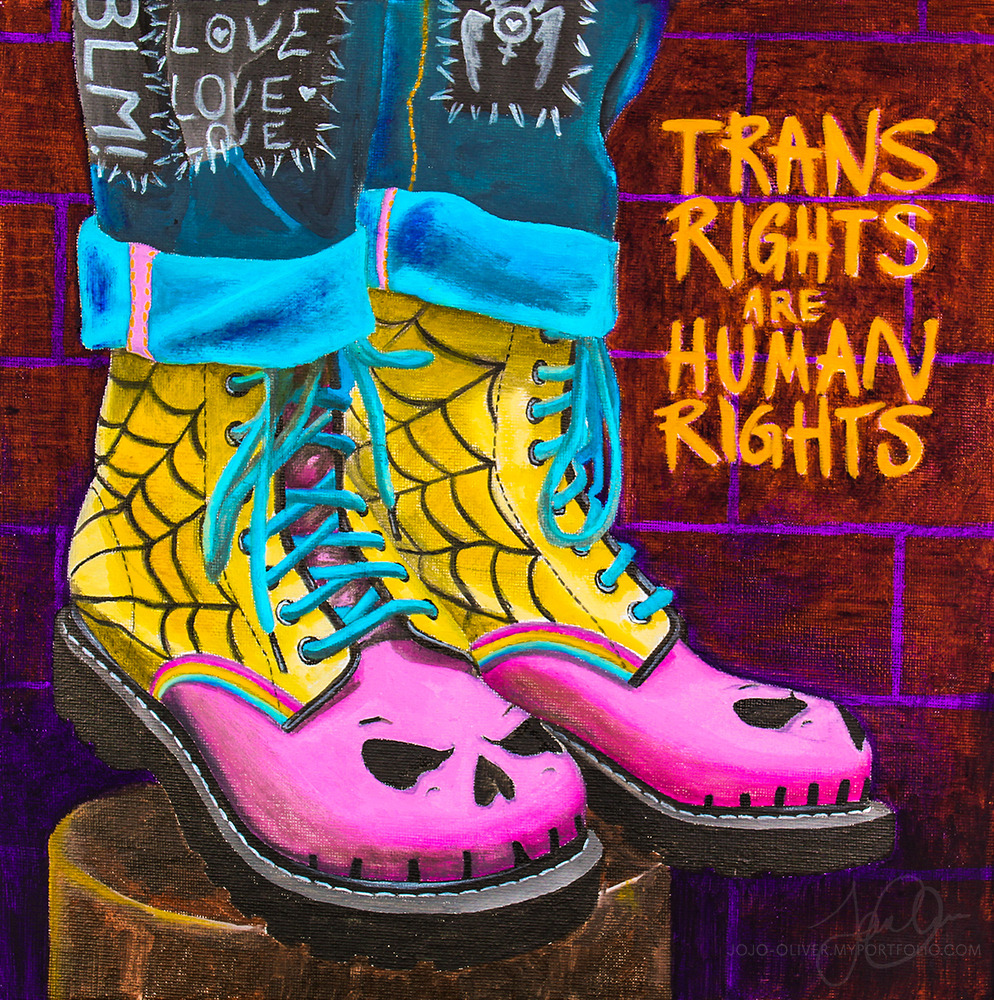 pansexual flag [Start ID: A painting of someone's boots. They are half yellow and half pink, with a thin line in the pansexual flag colors separating the two main colors. In the yellow portions, there is a black spiderweb design. In the pink portions, there is a black skull design. The laces are light blue and the pants and cuffs are also blue. On the pants are three black patches with white detailing. One says "BLM!", another says "Love Love Love". The third has the ⚧ transgender symbol with a heart in the middle and wings on both sides. The background is brown and purple with the words "Trans Rights Are Human Rights" glowing in yellow beside the boots. /End ID]