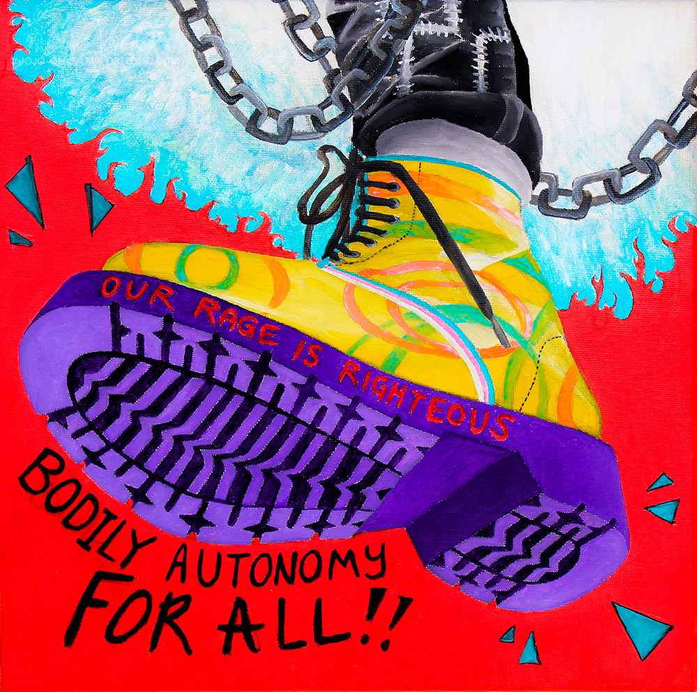 intersex flag [Start ID: A painting of someone's boot stomping down towards the viewer. The boot is yellow and has the trans flag colors across it, with orange and green circular shapes. The sole of the boot is purple and has "Our Rage Is Righteous" written across it in red. The writing in the background says "Bodily Autonomy for All!!". The background is very bright red with blue flames, and includes two chains. /End ID.]