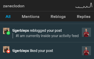 A screenshot from zaneclodon's activity feed showing a like and a reblog from tigerbleps, tagged "I am currently inside your activity feed". The image is a photo of Tom Scott with a transparent background.