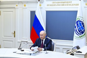 Russian President Vladimir Putin attends a meeting of the Shanghai Cooperation Organisation (SCO) Heads of State Council via videoconference at the Kremlin, in Moscow, Russia, Tuesday, July 4, 2023