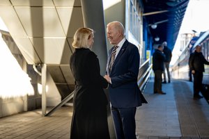 President Joe Biden greets U.S. Ambassador to Ukraine Bridget Brink, Monday, February 20, 2023, at the Kyiv train station in Ukraine