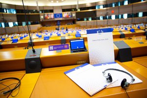 The podium for the speech in the European Union Parliament hemicycle in Brussels, Belgium