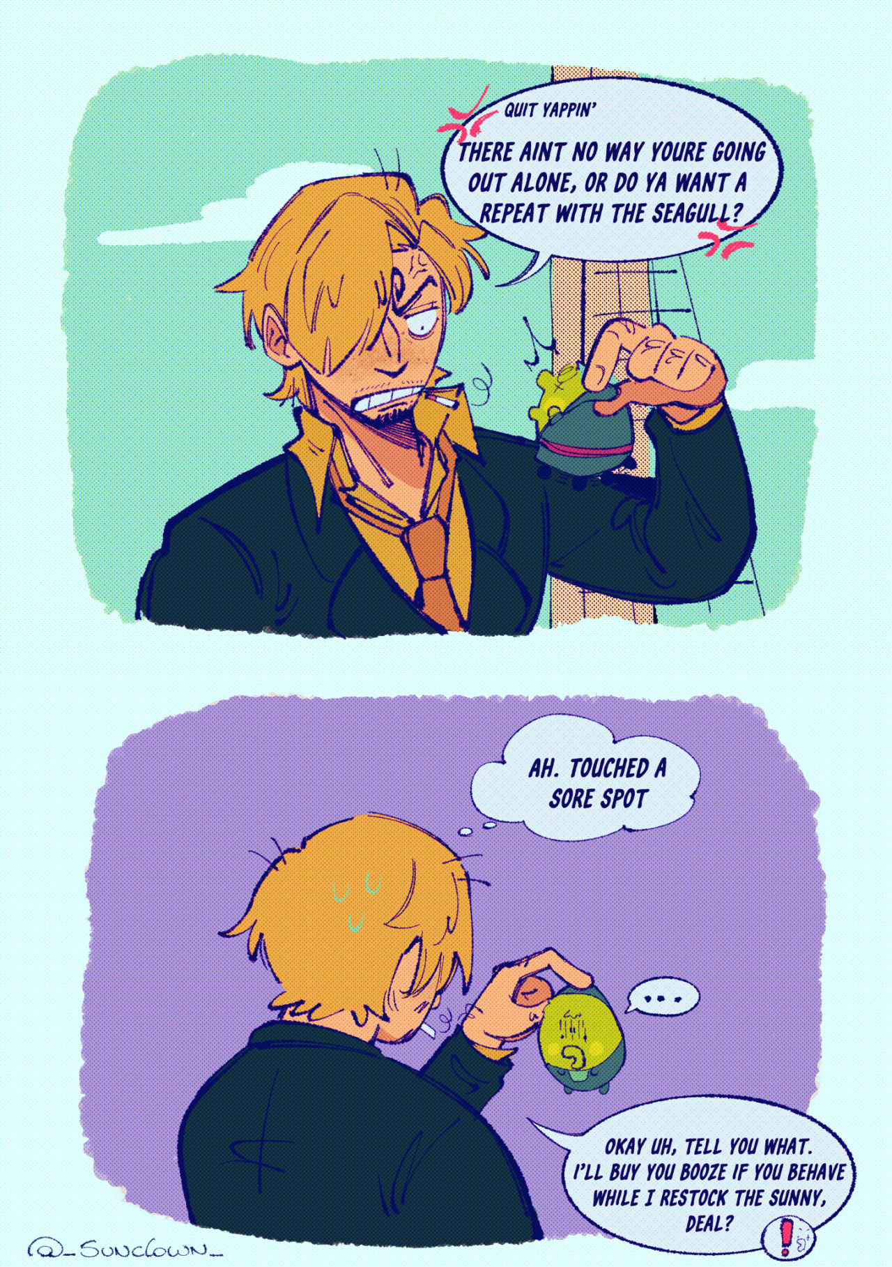 On the second page, 1st panel shows a very angry sanji whos looking at the tiny zoro hes holding with only two fingers while the latter one is squeaking angrily while kicking his feet in the air. “Quit yappin’” sanji says. “There aint no way youre going out alone, or do ya want a repeat with the seagull?” 2nd panel shows sanji from the back thinking “Ah. Touched a sore spot” still holding zoro who’s gone quiet. Zoro looks defeated, ashamed, pride stripped from him leaving him looking like a green grape dried on the sun. Sanji trying to lift his spirits says “Tell you what, ill buy you booze if you behave while I restock the sunny, deal?” Making zoro perk up at that.