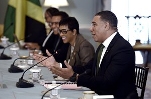 Andrew Holness speaks as he meets with Secretary of State Antony Blinken at the State Department in Washington