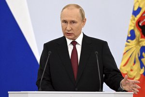 Russian President Vladimir Putin speaks during celebrations marking the incorporation of regions of Ukraine to join Russia, in Red Square in Moscow, Russia, Friday, Sept. 30, 2022