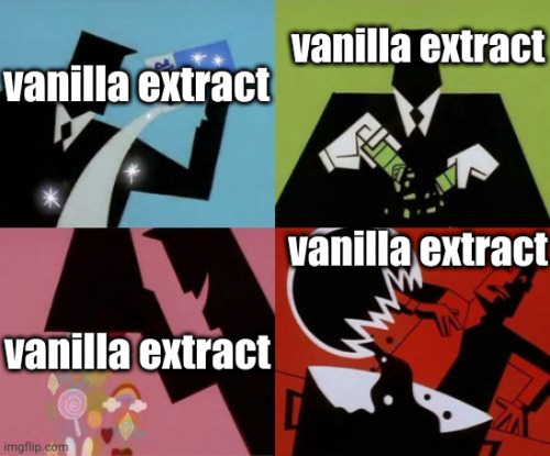 a meme of professor plutonium adding the different ingredients to make the Powerpuff girls except every panel says "vanilla extract" as it should