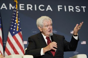 Newt Gingrich speaks before former President Donald Trump at an America First Policy Institute