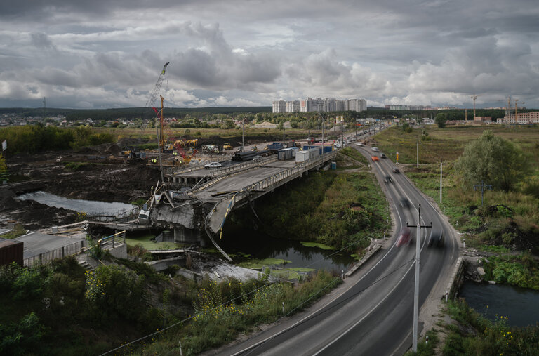 The destroyed Irpin bridge in September.