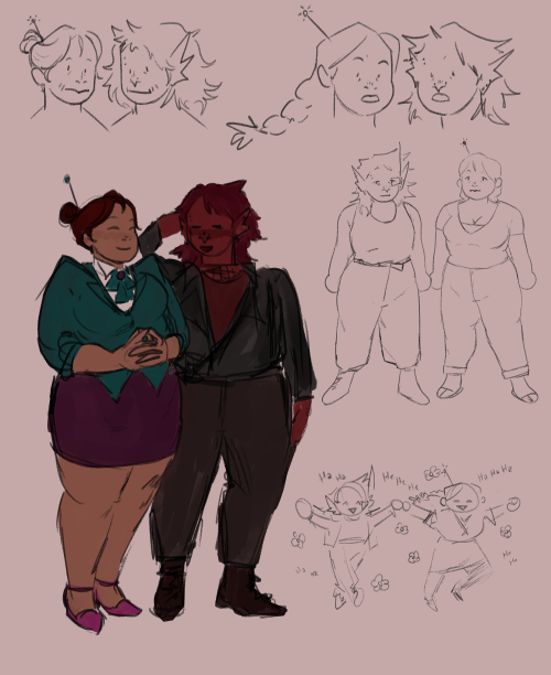 Five sketches of Mustard Red and Kalvin Brine. They are of very similar sizes and builds. The largest is a color drawing where they are standing next to eachother looking happy and bubbly. Three are line only sketches where they are mirrored to each other and making similar expressions. the final one is a tiny sketch of them laughing and skipping together, hand in hand.