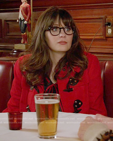 Jess's red toggle coat on New Girl