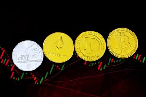 Cryptocurrency coins are placed on a trading chart