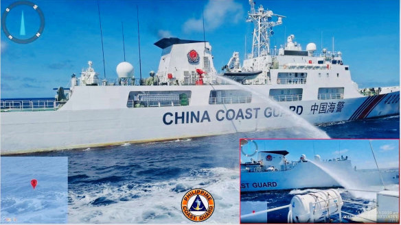 China Coast Guard allegedly uses a water cannon against the Philippine Coast Guard vessels, which were escorting a resupply mission for Philippine troops stationed at the Second Thomas Shoal in the South China Sea on August 5.