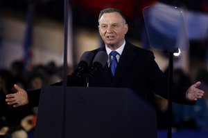 Polish President Andrzej Duda holds a speech at the Royal Castle after meeting US President Joe Biden in Warsaw, Ukraine, Tuesday, Feb. 21, 2023.