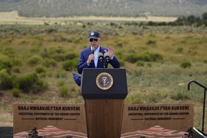 President Joe Biden speaks at the Red Butte Airfield Tuesday, Aug. 8, 2023, in Tusayan